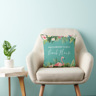 Watercolor Tropical Floral Family Name Beach House Cushion