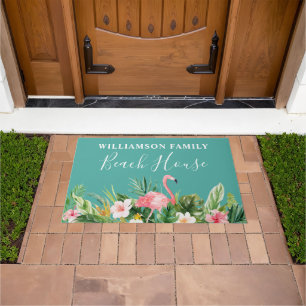 Watercolor Tropical Floral Family Name Beach House Doormat