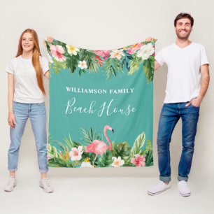 Watercolor Tropical Floral Family Name Beach House Fleece Blanket