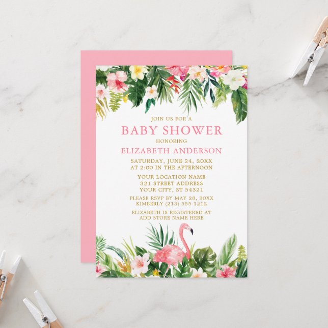 Watercolor Tropical Floral Flamingo Baby Shower Invitation (Front/Back In Situ)