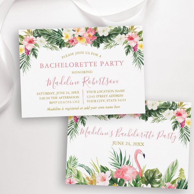 Watercolor Tropical Floral Flamingo Bachelorette Invitation (Customize to change text color or text style.)