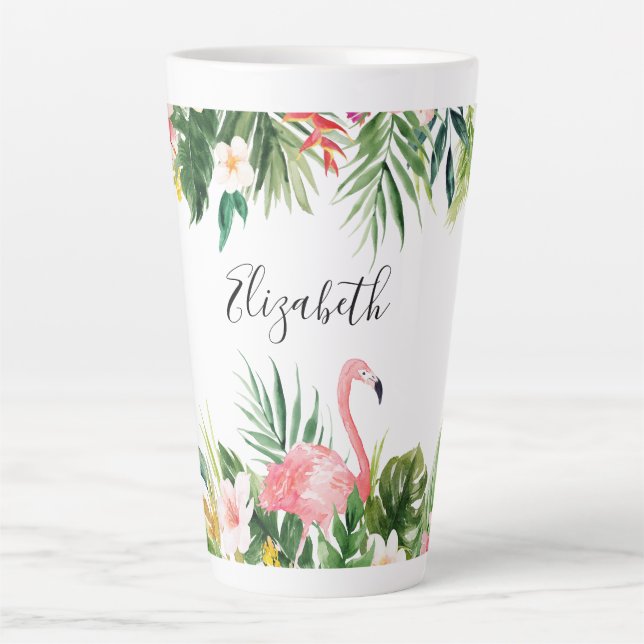 Watercolor Tropical Floral Flamingo Large Latte Mug (Front)