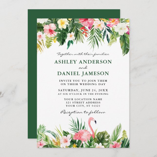 Watercolor Tropical Floral Flamingo Wedding Green Invitation (Front/Back)