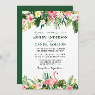 Watercolor Tropical Floral Flamingo Wedding Green Invitation