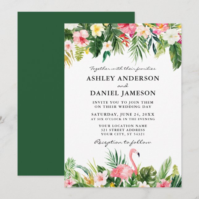 Watercolor Tropical Floral Flamingo Wedding Invitation (Front/Back)