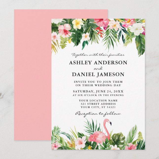 Watercolor Tropical Floral Flamingo Wedding Pink Invitation (Front/Back)