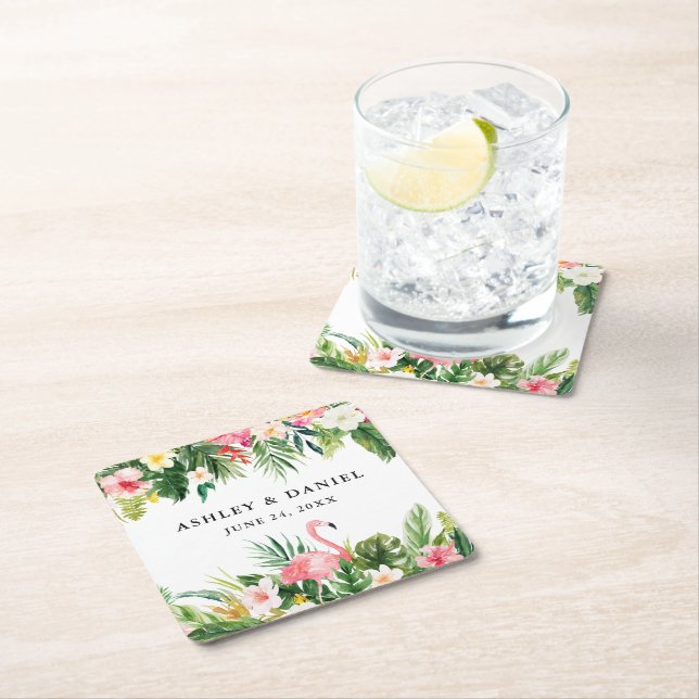 Watercolor Tropical Floral Flamingo Wedding Square Paper Coaster (Insitu)