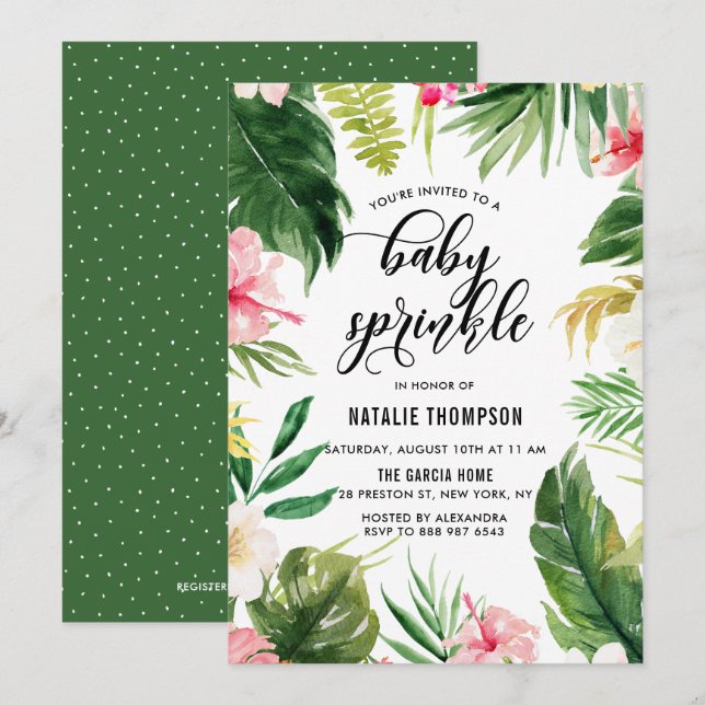 Watercolor Tropical Floral Frame Baby Sprinkle Invitation (Front/Back)