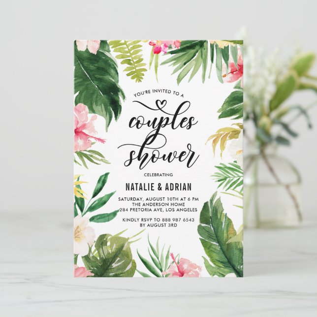 Watercolor Tropical Floral Frame Couples Shower Invitation (Standing Front)