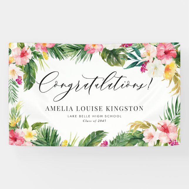 Watercolor Tropical Floral Frame Graduation Party Banner (Horizontal)