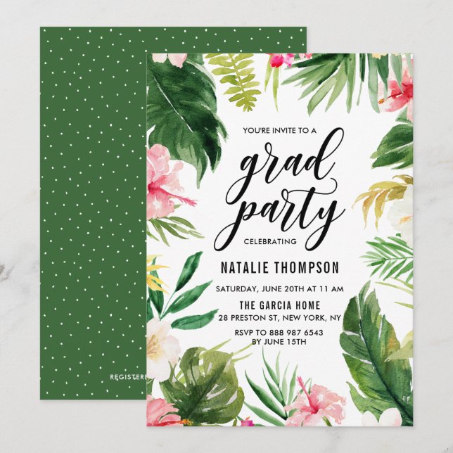 Watercolor Tropical Floral Frame Graduation Party Invitation (Front/Back)