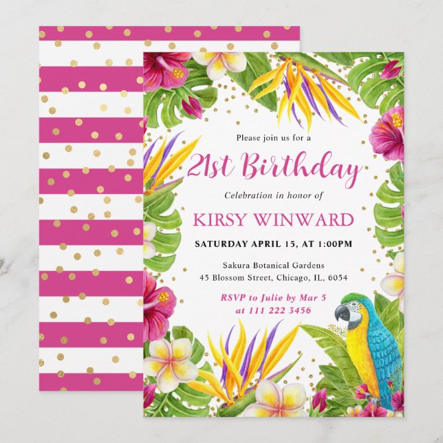 Watercolor Tropical Floral Frame Parrot Birthday Invitation (Front/Back)