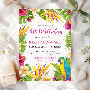 Watercolor Tropical Floral Frame Parrot Birthday Invitation