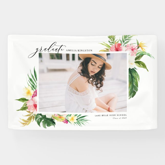 Watercolor Tropical Floral Frame Photo Graduation Banner (Horizontal)