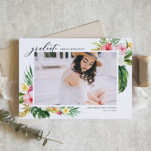 Watercolor Tropical Floral Frame Photo Graduation Invitation (Customizable photo graduation invitation featuring tropical flowers and greenery.  )