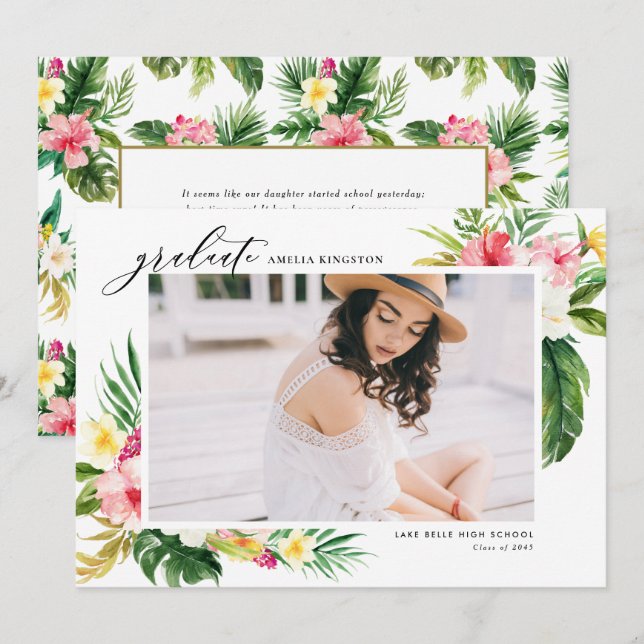 Watercolor Tropical Floral Frame Photo Graduation Invitation (Front/Back)