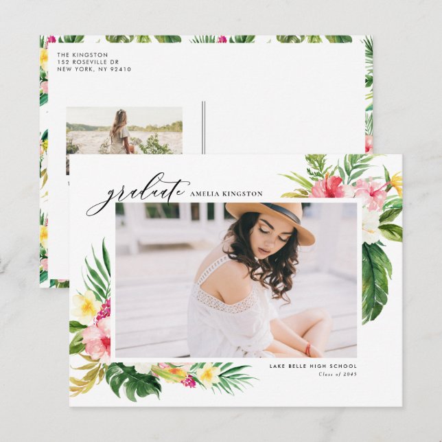 Watercolor Tropical Floral Frame Photo Graduation Invitation Postcard (Front/Back)