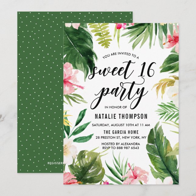 Watercolor Tropical Floral Frame Sweet 16 Party Invitation (Front/Back)