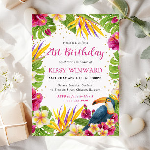 Watercolor Tropical Floral Frame Toucan Birthday Invitation