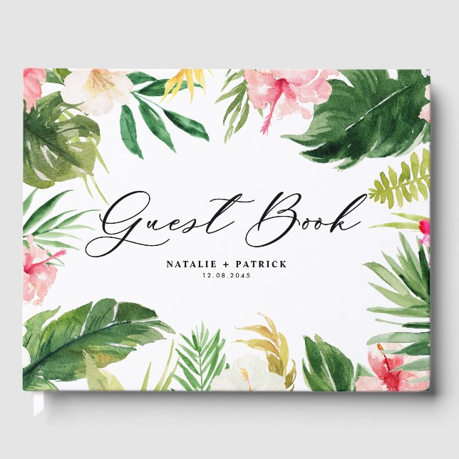 Watercolor Tropical Floral Frame Wedding Guest Book (Front)