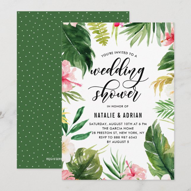 Watercolor Tropical Floral Frame Wedding Shower Invitation (Front/Back)