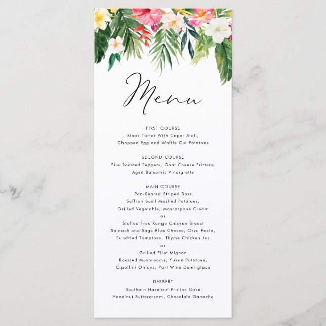 Watercolor Tropical Floral Garland Summer Wedding Menu (Front)