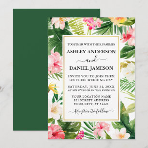 Watercolor Tropical Floral Gold Frame Wedding Invitation