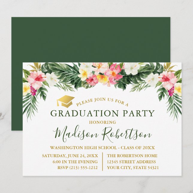 Watercolor Tropical Floral Gold Graduation Party Invitation (Front/Back)