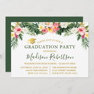 Watercolor Tropical Floral Gold Graduation Party Invitation
