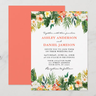 Watercolor Tropical Floral Greenery Wedding Coral Invitation