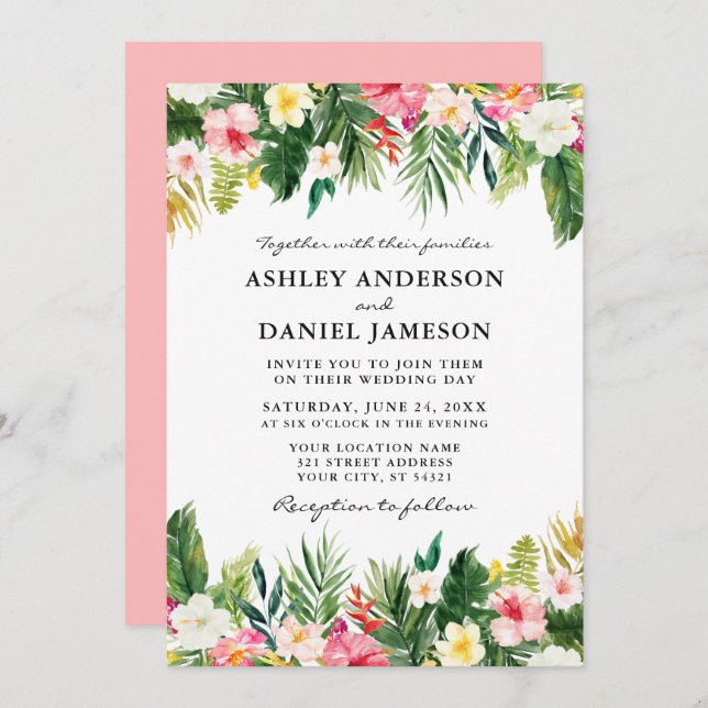 Watercolor Tropical Floral Greenery Wedding Pink Invitation (Front/Back)