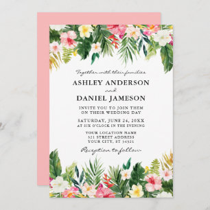 Watercolor Tropical Floral Greenery Wedding Pink Invitation