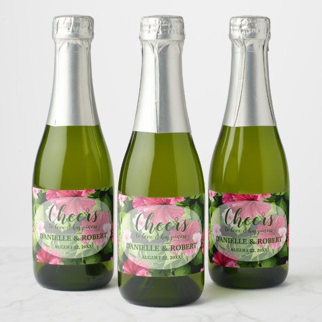 Watercolor Tropical Floral Hibiscus Mini Sparkling Wine Label (Bottles)