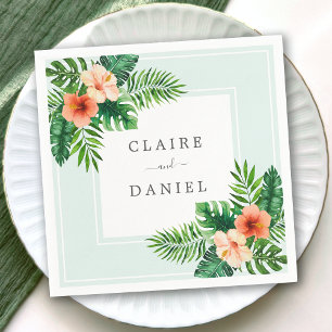 Watercolor Tropical Floral Mint Green Wedding Napkin