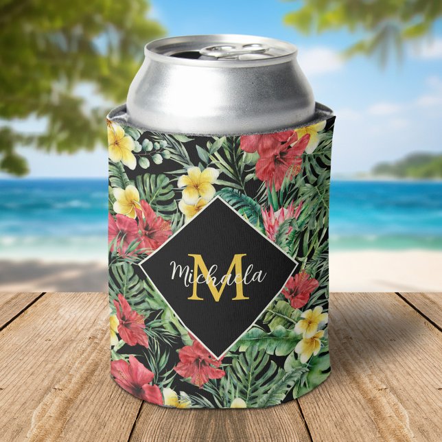 Watercolor Tropical Floral Monogram  Can Cooler (Creator Uploaded)