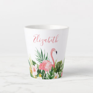 Watercolor Tropical Floral Name Pink Flamingo Latte Mug
