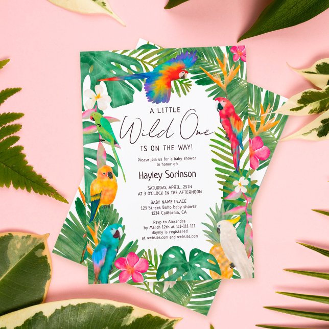 Watercolor tropical floral parrots baby shower invitation (Creator Uploaded)