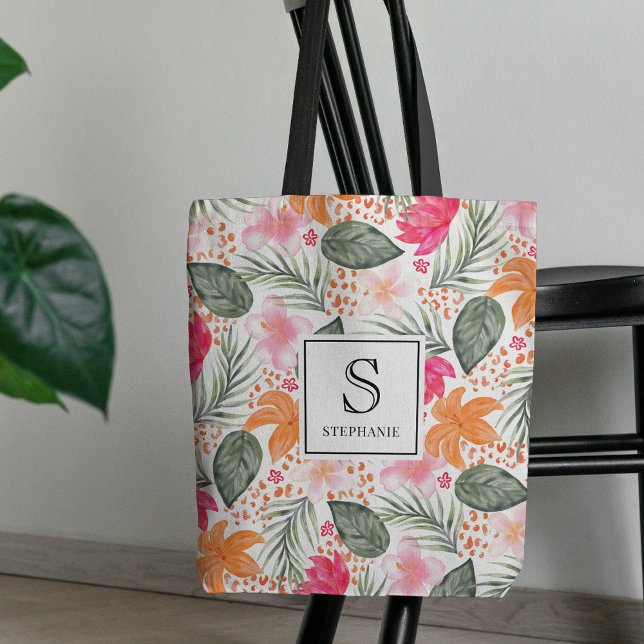 Watercolor Tropical Floral Pattern Chic Monogram Tote Bag (Creator Uploaded)