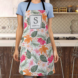 Watercolor Tropical Floral Pattern Monogram & Name Apron