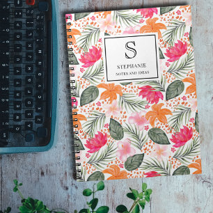 Watercolor Tropical Floral Pattern Monogram & Name Notebook