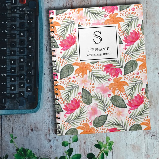 Watercolor Tropical Floral Pattern Monogram & Name Notebook (Creator Uploaded)
