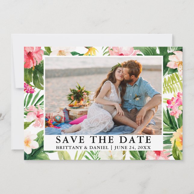 Watercolor Tropical Floral Photo Save The Date (Front)