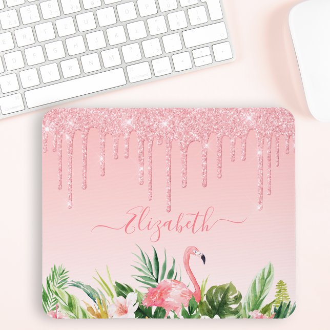 Watercolor Tropical Floral Pink Blush Glitter Mouse Mat (Customize to change text color, text style or to add more text.)