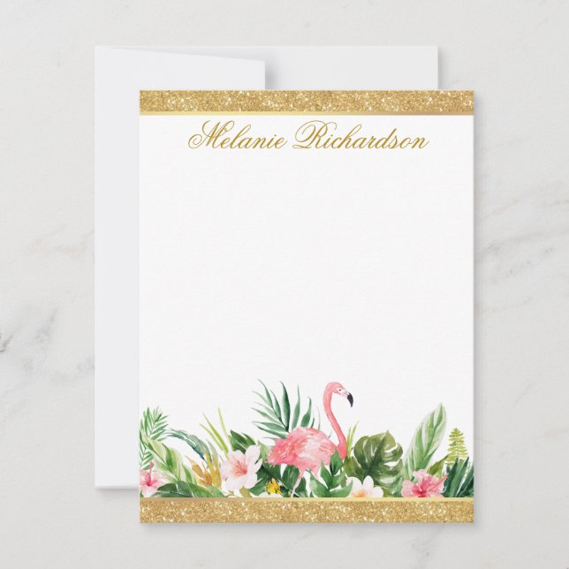 Watercolor Tropical Floral Pink Flamingo Glitter Card (Front)