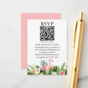 Watercolor Tropical Floral Pink Flamingo QR RSVP Enclosure Card