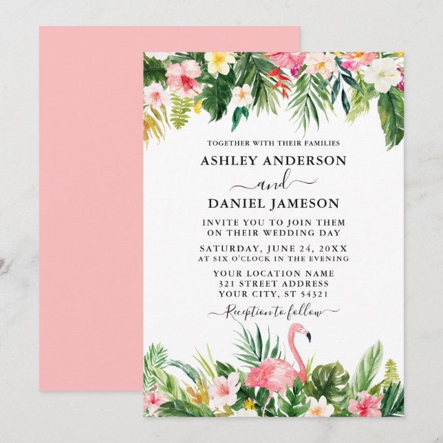 Watercolor Tropical Floral Pink Flamingo Wedding Invitation (Front/Back)