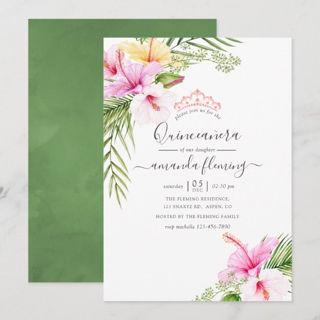 Watercolor Tropical Floral Quinceañera Invitation (Front/Back)
