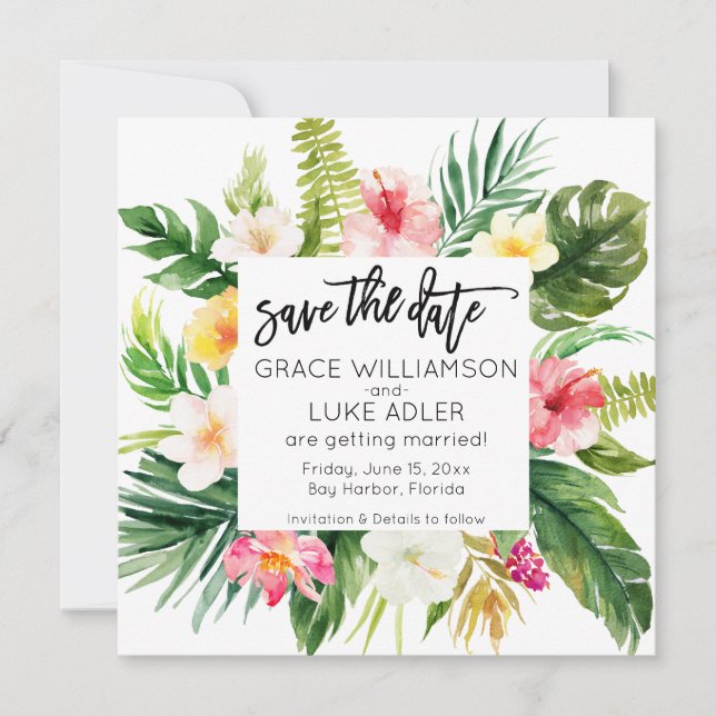 Watercolor Tropical Floral Save The Date (Front)