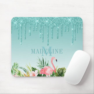 Watercolor Tropical Floral Teal Glitter Monogram Mouse Mat
