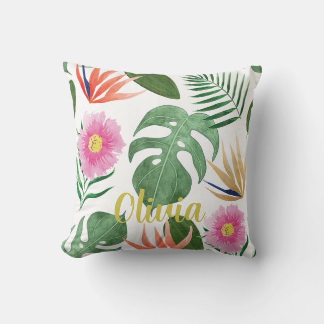 Watercolor Tropical Floral Throw Pillow (Front)
